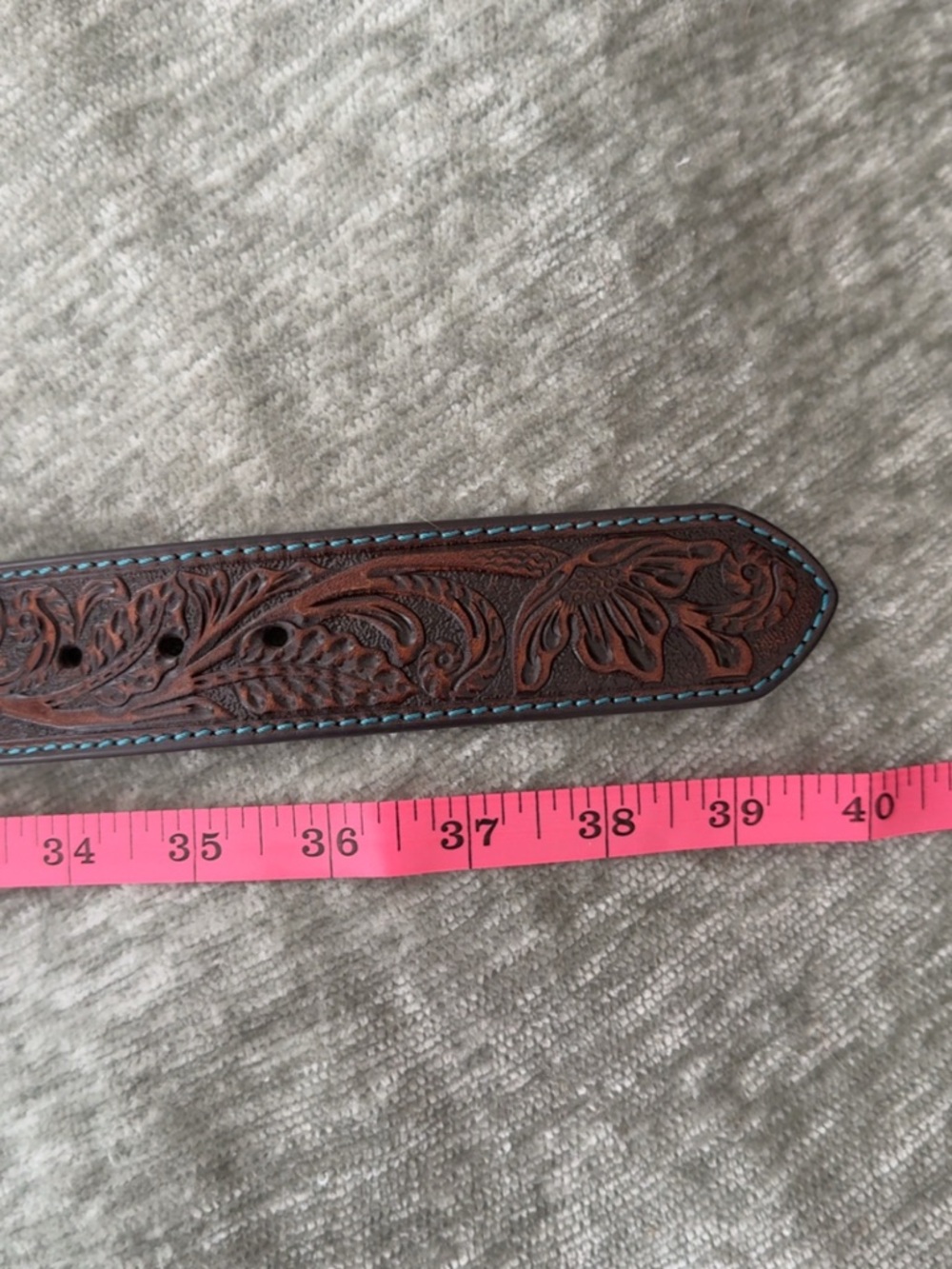 Brown Tooled Leather Belt with Turquoise Accents - Picture 3 of 3